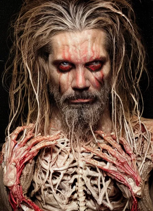 Image similar to portrait of rob zombie with translucent skin, visible muscles and veins and arteries and bones and spines and nerves, beautiful detailed intricate insanely detailed octane render, 8 k artistic photography, photorealistic, chiaroscuro, by david cronenberg, raphael, caravaggio