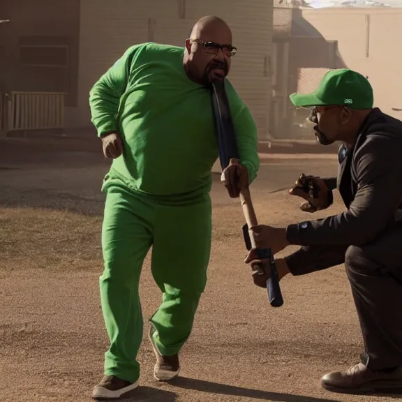 Image similar to Still of Big Smoke with green clothing wielding a baseball bat in Better Call Saul