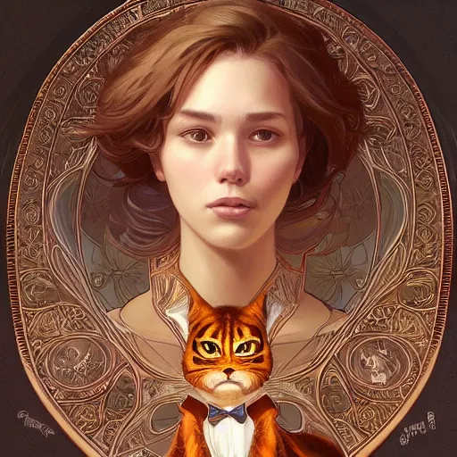 Image similar to portrait of garfield, intricate, elegant, highly detailed, digital painting, artstation, concept art, smooth, sharp focus, illustration, art by artgerm and greg rutkowski and alphonse mucha