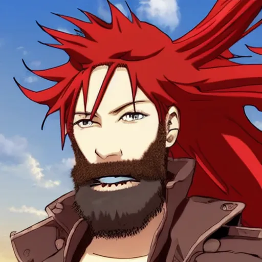 Image similar to male sky-pirate with long red hair and beard in front of a steampunk airship, full metal alchemist, anime style