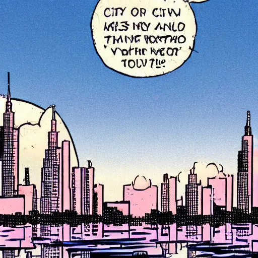 Prompt: city skyline over a polluted lake, clouds, sunrise, 1 9 8 5 comic book