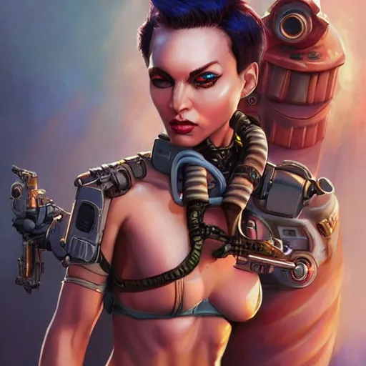 Image similar to tank girl, highly detailed, half android, power implants, body transmogrify, beautiful, mesmerising, look of desire, loving stare, digital painting, trending on artstation, concept art, 4 k, sharp focus, illustration, art by artgerm and magali villeneuve