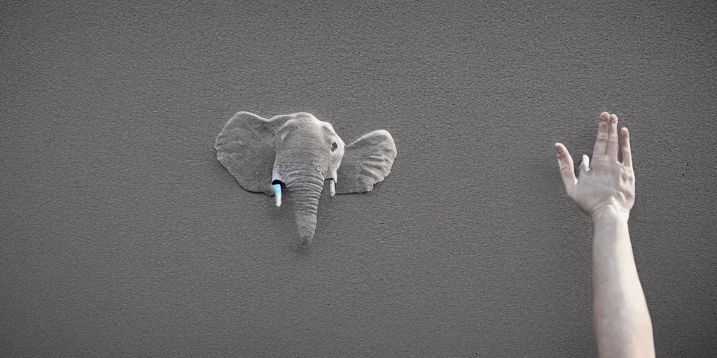 Prompt: A shadow in the shape of an elephant casted on the wall by a pair of hands, photo