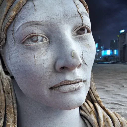 Image similar to the distressed and damaged head of a marble cybernetic lady justice statue wearing a virtual reality headset on ground covered in sand, cyberpunk background, highly detailed, epic lighting, hyper photorealism, 8 k