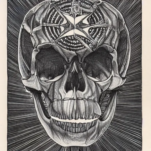 Image similar to a humanoid chimp skull hovering over a star pattern, 2 handguns are crossing in the middle of the picture ultra detailed, fine line pen drawing on parchment, symmetrical, stylish