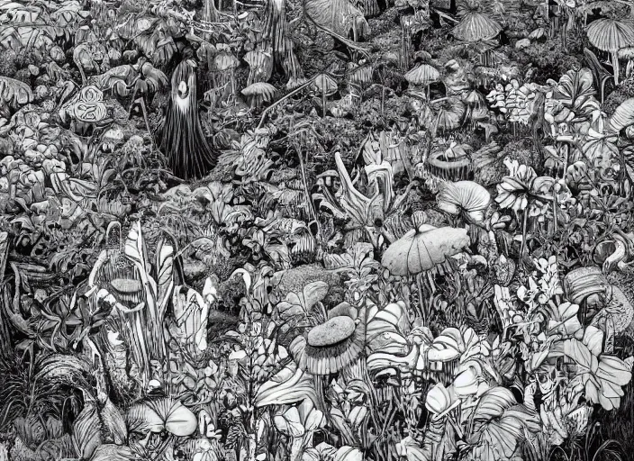 Prompt: surreal line art by kim jung gi!, a lot of jungle flowers and exotic plants + toxic mushrooms + long grass + tall stone + old paper, 5 0's vintage sci - fi style, rule of third!!!!, line art, 8 k, ultrafine hyperdetailed, generative art, noisy film grain effect, green color palette, top view