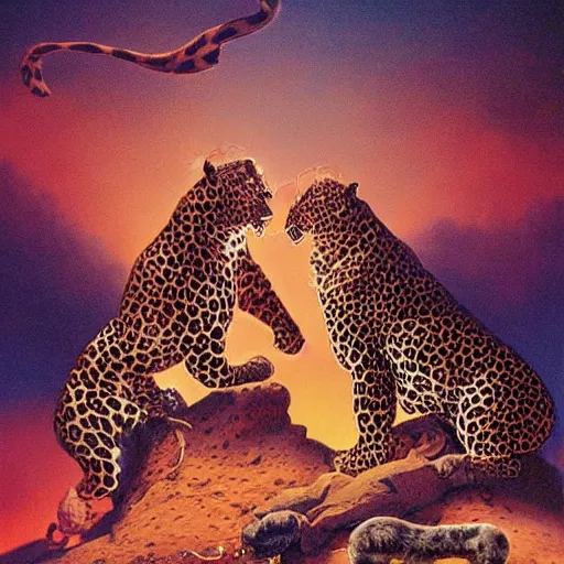 Prompt: leopards wearing leopard animal print clothing, dancing around in a fire drinking and laughing, magical bright world, volumetric lighting, Artwork by Richard Corben + Mark Arian + Wayne Barlowe + Boris Vallejo + Julie Bell + Zdzisaw Beksinski + Ed Binkley + Mark Brooks + Jean Delvil