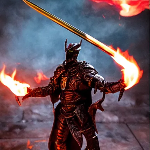 Image similar to photo of a hell knight with a flaming sword