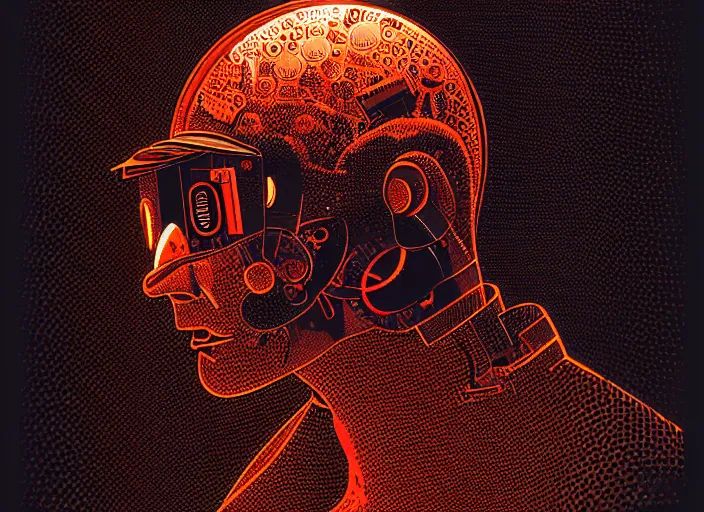 Prompt: is it a man or a machine, colorful, illustration by Mads Berg and Karolis Strautniekas,small finely stippled light, dramatic lighting,fine texutre, editorial illustration, detailed,katsuhiro otomo, dynamic composition,moody, cinematic, film grain
