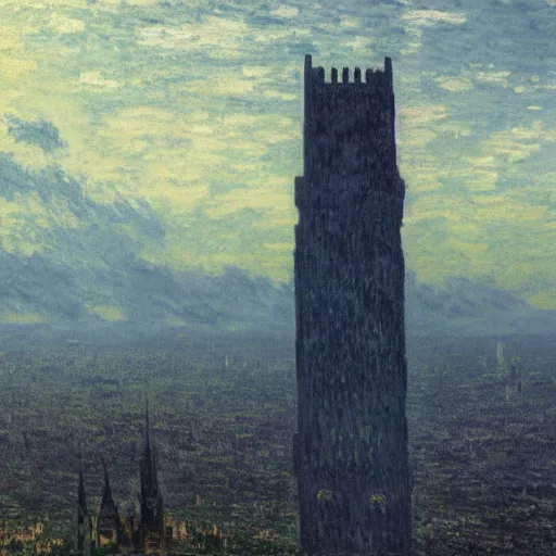 Prompt: an ultra detailed matte painting of a lonely and impossibly tall ominous dark tower elevated high above the city, on an isolated plateau island in a river elevated high above the city fortress tower, fantasy capital city, ultrawide lense, aerial photography, volumetric lighting, exquisite detail, 8 k, art by claude monet and van gogh and greg rutkowski and alphonse mucha