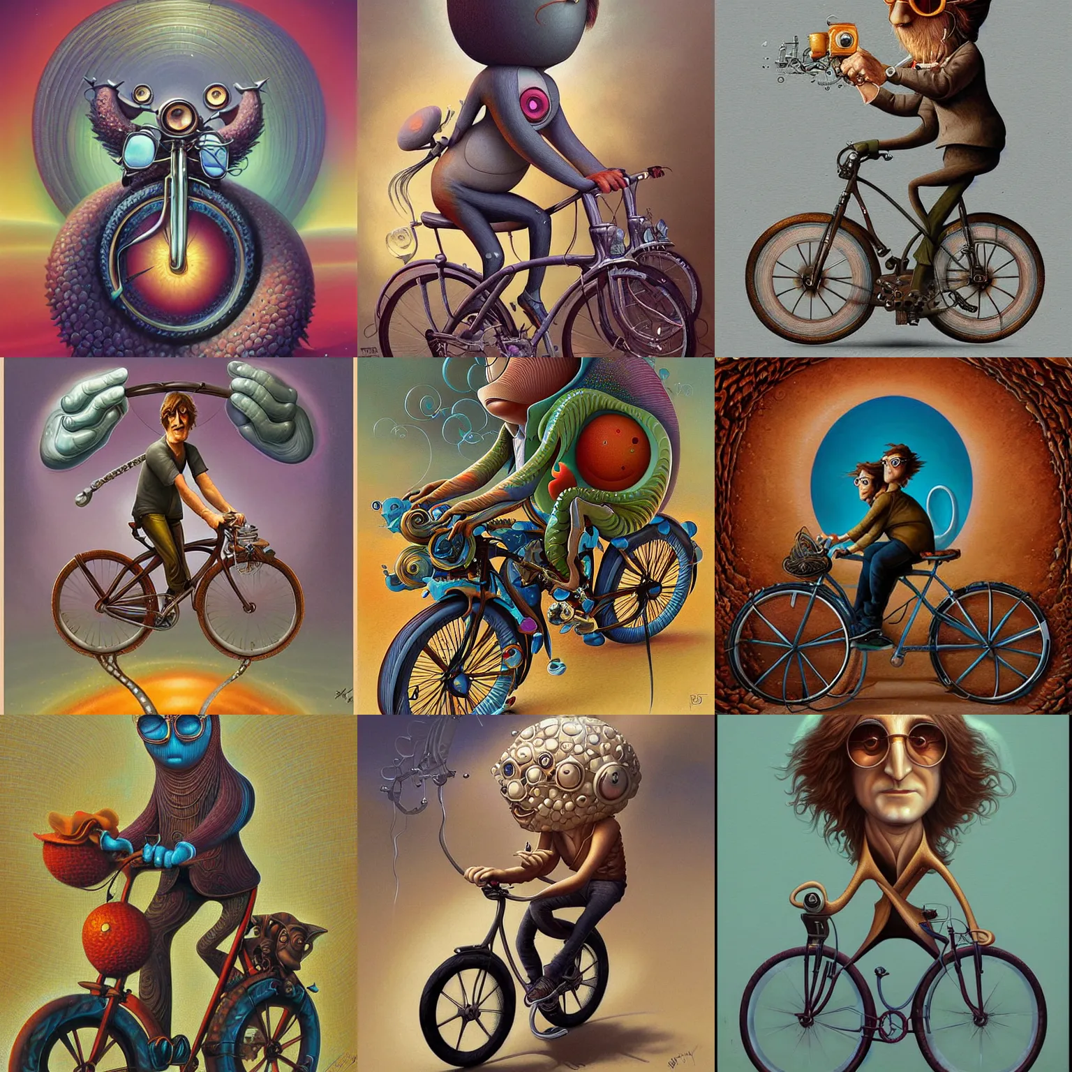 Prompt: john lennon on a bike by naoto hattori and peter mohrbacher