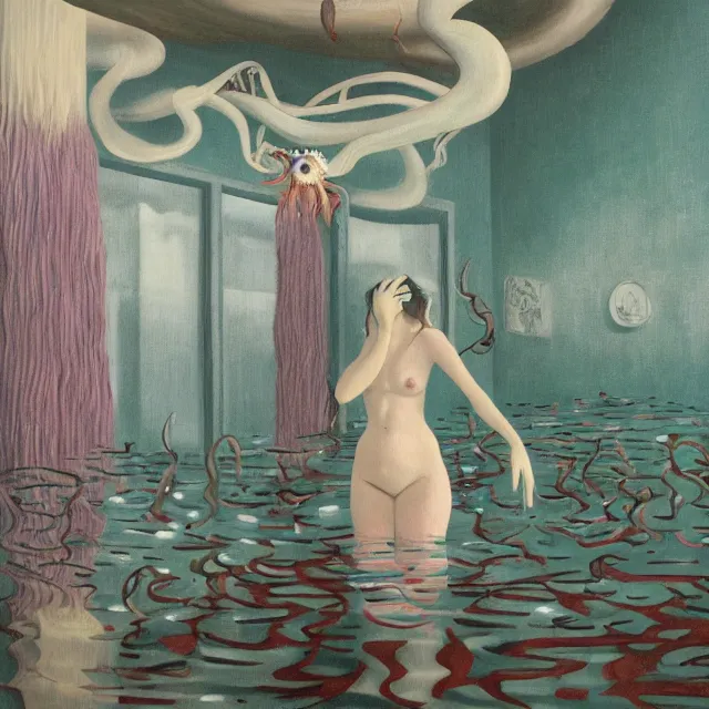 Image similar to tall female emo artist holding an octopus in a flooded cafe, octopus, water gushing from ceiling, painting of flood waters inside a cafe, a river flooding indoors, pomegranates, pigs, ikebana, water, octopus, river, rapids, waterfall, black swans, canoe, berries, acrylic on canvas, surrealist, by magritte and monet