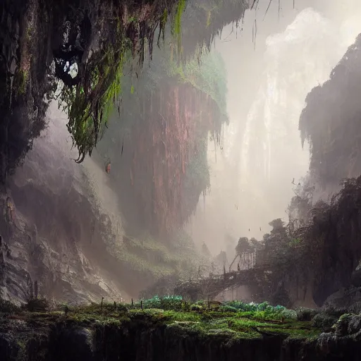 Prompt: photo an deep underground cave embellished with a lush overgrown jungle of beautiful ancient alien trees, fog and clouds, 4 k rtx hdr volume light concept studio matte painting environement digital illustration fanart artstation by eytan zana and balazs agoston, jad saber, aaron limonick, pablo dominguez and florent lebrun and robby johnson