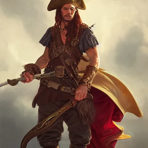 Image similar to portrait of a young pirate captain, male, masculine, handsome, upper body, red hair, long hair, D&D, fantasy, intricate, elegant, highly detailed, digital painting, artstation, concept art, sensual, matte, sharp focus, illustration, art by Artgerm and Greg Rutkowski and Alphonse Mucha