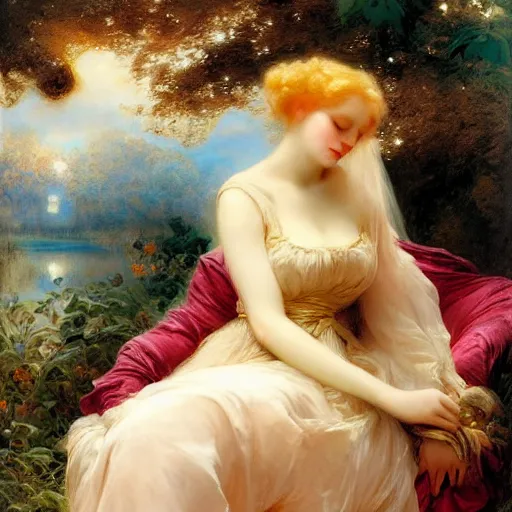 Image similar to blonde beautiful sleeping princess by Franz Xaver Winterhalter and Delphin Enjolras and Rebecca Guay