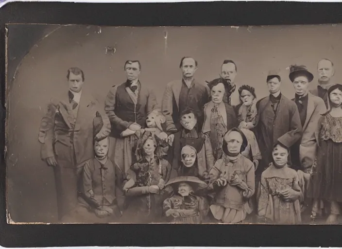 Image similar to a tintype photograph. photo of a group of people in front of the circus of watches, horror a family of monsters