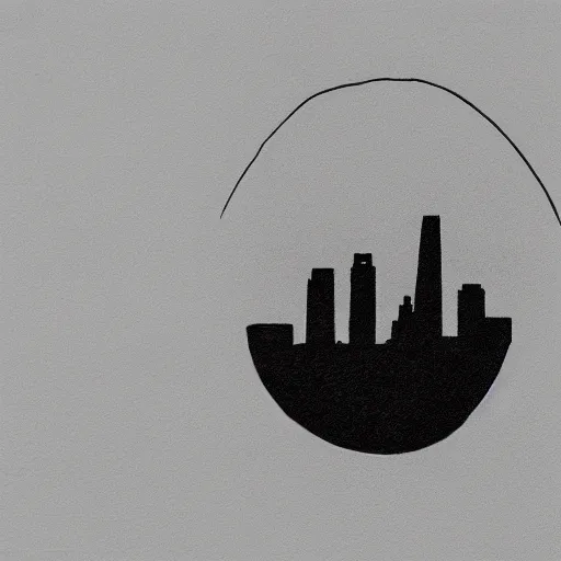 Image similar to a perfect circle where the inside is empty blank space and around the outer edge of the circle is the silhouette of a city skyline, black and white, minimalist, in the style of a charcoal drawing, made by david mellen