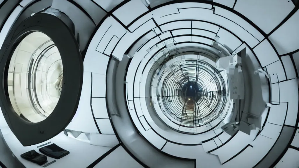 Image similar to an mri image open mri machine time tunnel portal in the living room, film still from the sci fi movie directed by denis villeneuve with art direction by salvador dali, wide lens