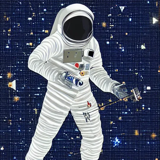 Prompt: a person in a silver and navy astronaut suit based upon medieval armor laser welding the stars into the sky, 64-bit pixel art, details galore, extremely realistic, high octane, 10K