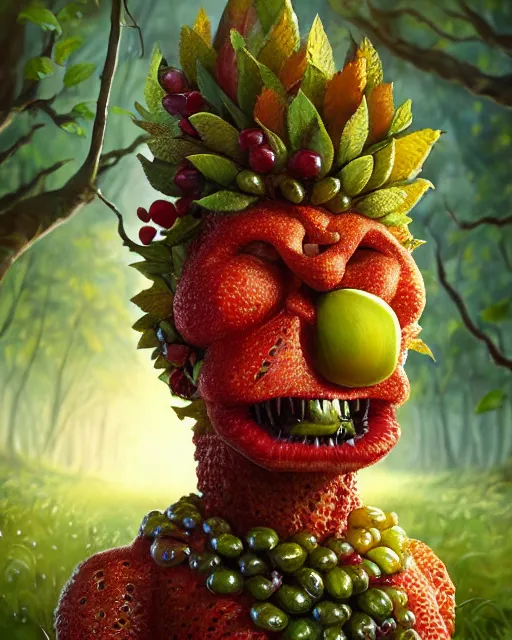 Prompt: portrait of a fruit figurine monster made of different fruit, standing in a forest, staring eyes, open mouth, trees in the background, sunlight, oil painting, highly detailed, dramatic lighting, hyperrealistic, 8 k, smooth, intricate, artstation, cgsociety, by artgerm, by wlop