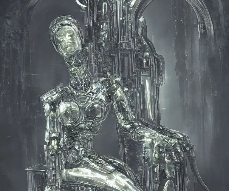 Image similar to translucent cyborg sitting on a metal throne, futuristic castle background, fantasy sci - fi, sharp lines, metallic, 2 0 0 mm