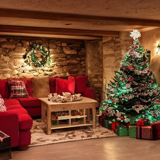 Prompt: interior of a cozy basement with christmas decorations, hd photo