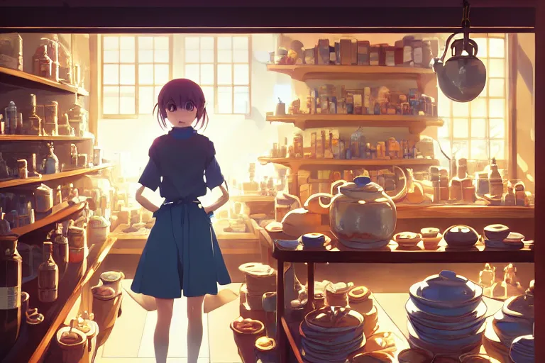 Image similar to anime visual, portrait of a young female traveler in a alchemist's shop interior, cute face by yoh yoshinari, katsura masakazu, studio lighting, dynamic pose, dynamic perspective, strong silhouette, anime cels, ilya kuvshinov, cel shaded, crisp and sharp, rounded eyes, moody, ( ( blue tones ) )