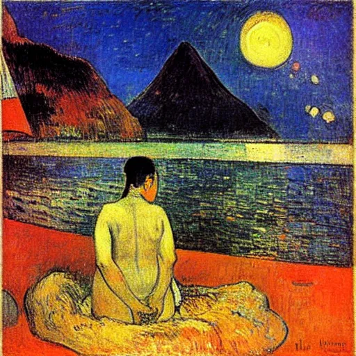 Image similar to view of tahiti at Night by gauguin, by piet mondrian