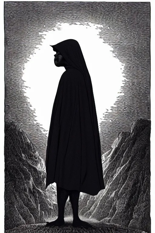 Prompt: a vibrant ultraclear sideview waist up portrait of donkey, mysterious wearing black cape hoodie by rene magritte and laurie greasley, etching by gustave dore, colorful flat surreal, ethereal, intricate, sharp focus, illustration, highly detailed, digital painting, concept art, masterpiece