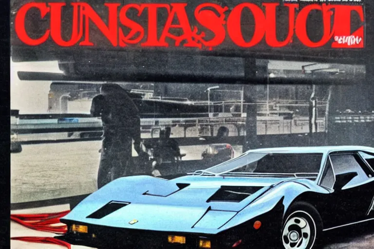 Prompt: 1979 Popular Science Magazine Cover of a single 1965 De Tomaso Pantera, with elements of the F40, Lotus, BMW M1, GT40 and Countach, cyberpunk city, raining, wet and reflective, movie still, cinematic Eastman 5384 film