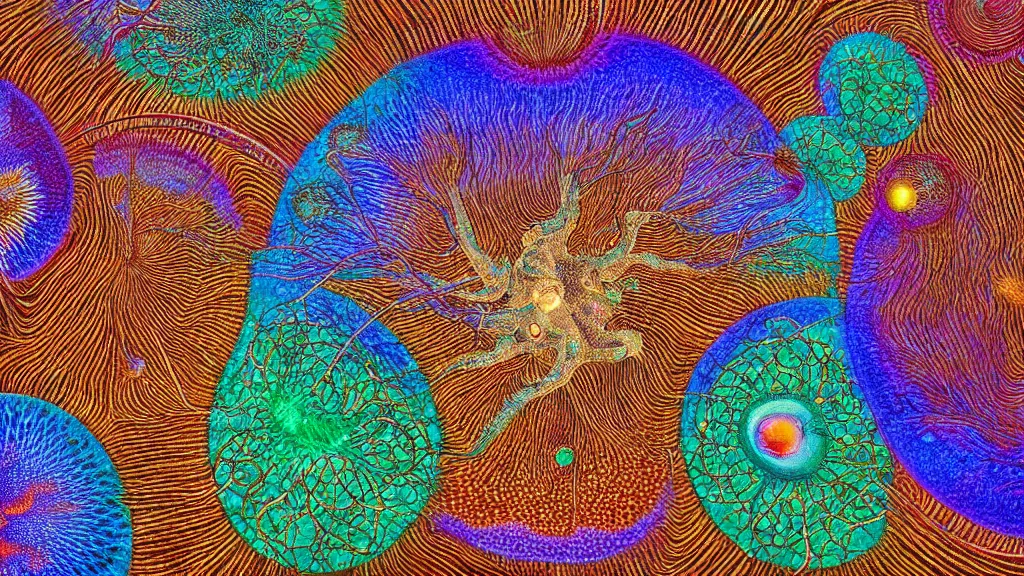 Image similar to quantum connections represented as symbiotic organisms like cells playing around with colorful lights by ernst haeckel, solid