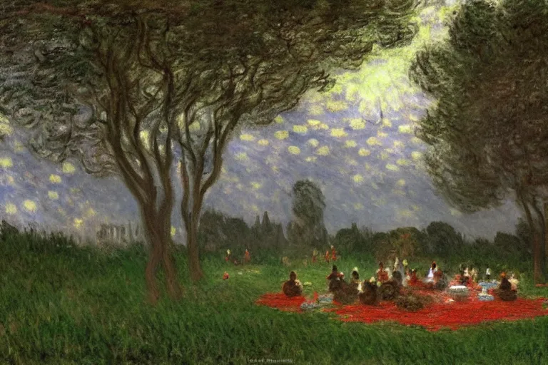 Image similar to a detailed illustration of a god ruining a picnic in the park, nightmare in the park, small crowd of people, calamity, dark storms with lightning, 8 k, art by claude monet and andreas rocha and albert bierstadt