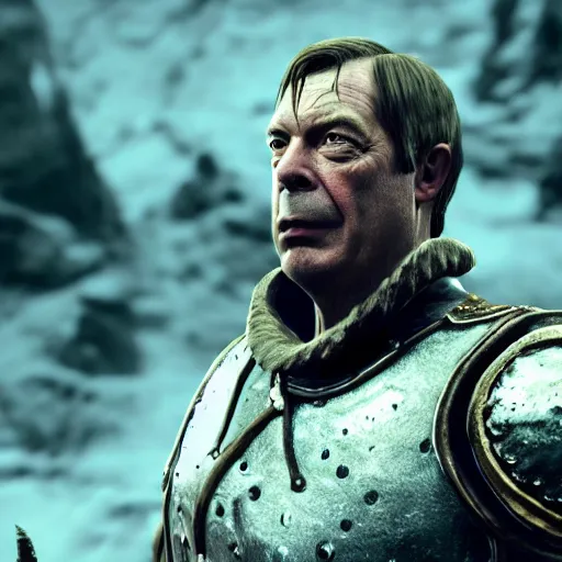 Image similar to nigel farage as a warrior in skyrim, splash art, movie still, cinematic lighting, dramatic, octane render, long lens, shallow depth of field, bokeh, anamorphic lens flare, 8 k, hyper detailed, 3 5 mm film grain