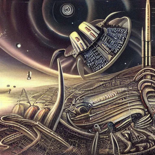 Prompt: landscape, alien sci-fi world, painting by H.R Giger