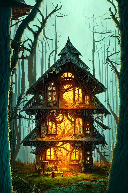 Image similar to a storybook illustration of a ramshackle multistory fairytale hut in the forest, intricate, elegant, fantasy, highly detailed, digital painting, concept art, sharp focus, artstation, in the style of a Wes Anderson movie