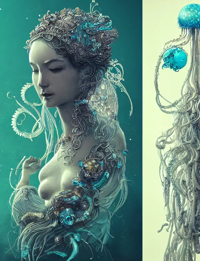 Prompt: goddess macro vintage shouler portrait from bottom to top in crown made of ram skull. betta fish, jellyfish phoenix, plasma, ice, water, wind, creature, super intricate ornaments artwork by tooth wu and wlop and beeple and greg rutkowski and alexander fedosav
