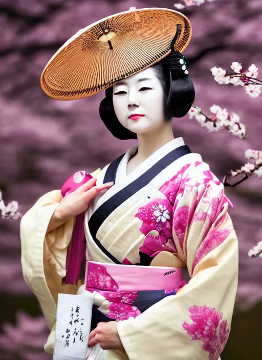 Image similar to Beautiful Japanese geisha close up portrait shot, 1920s geisha, Japanese, young woman, half body photo, upper body, traditional geisha clothing, geisha makeup, geisha hairstyle, hyper realistic, 8k detail, trending, professional photography, cherry blossom background