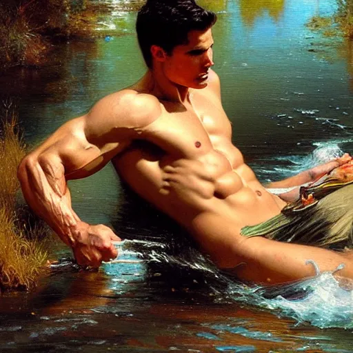 Image similar to muscular robbie amell panning for gold in a river, painting by gaston bussiere, craig mullins, j. c. leyendecker, tom of finland