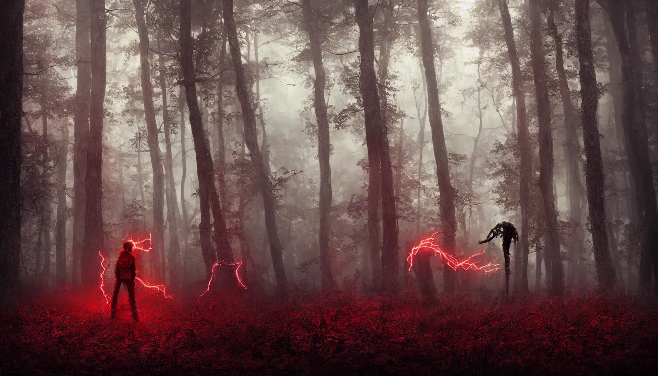 Prompt: A photograph of a unreal Monster, inspired by Stranger Things, in a forest, at night, red stormy sky, red lightning, horror, in a parallel dimension, realistic image, octane render, unreal engine 5, photograph by Joshua Hoffine, stunning photography, trending on artstation,