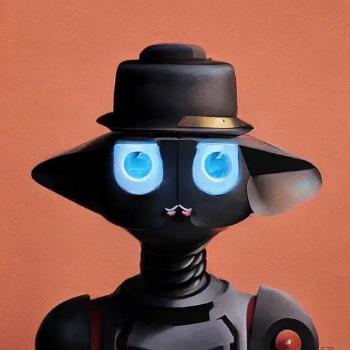 Image similar to a half robot cat wearing a hat medium shot, asymmetrical, profile picture, organic painting, nebula, matte painting, bold shapes, hard edges, street art, trending on artstation, by huang guangjian and gil elvgren and sachin teng