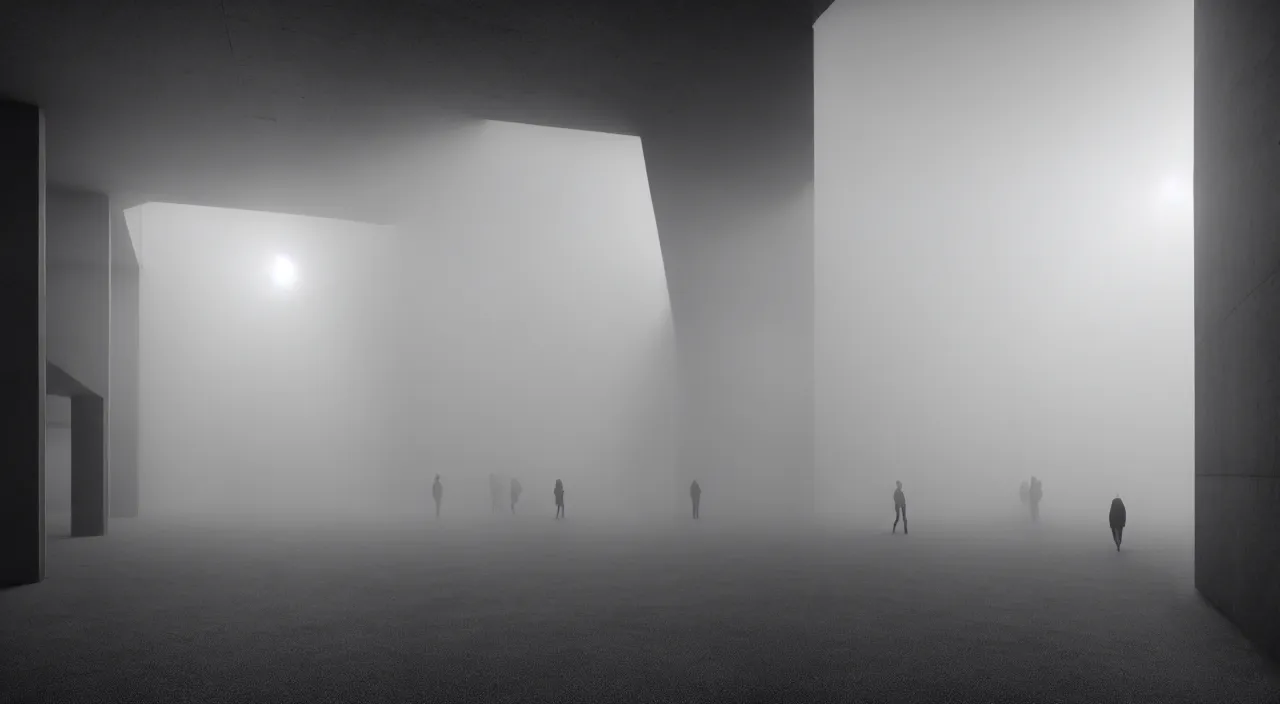 Prompt: realistic interior of a brutalist architecture building, blurred silhouettes walking to the horizon in the distance, Godrays at sunset, hard shadows, volumetric fog, Hyper realistic film photography, Zeiss 14mm f1.8, Hasselblad, breathtaking, insanely detailed, 8k, epic composition