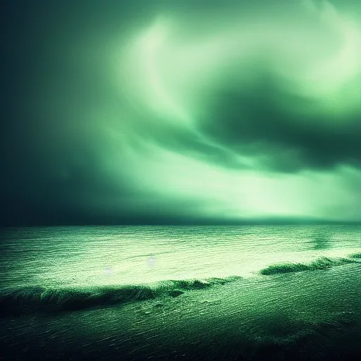 Prompt: in the style of Mikko Lagerstedt, Lovecraftian, ocean, night, Chtulhu green eyes, storm, lighting