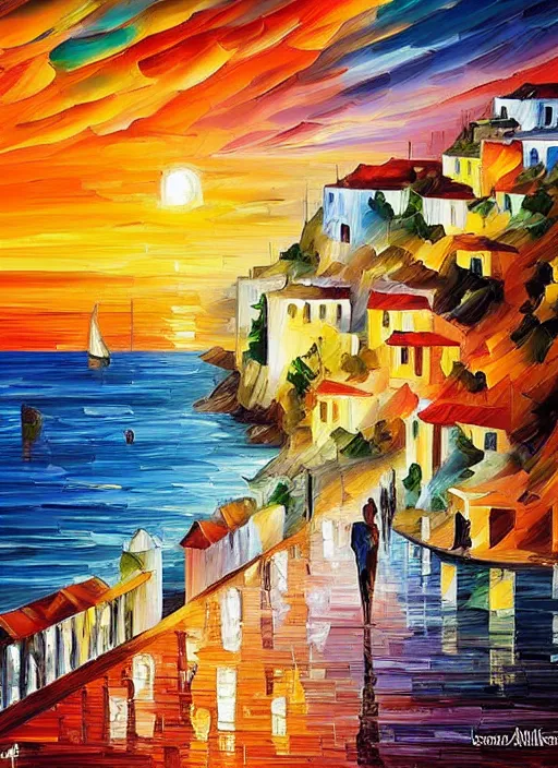 Image similar to beautiful seaside greek village at sunset in the style of leonid afremov