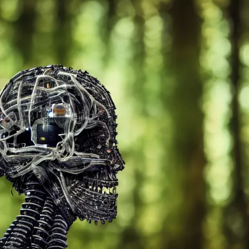Image similar to very detailed portrait 55mm photo of a mechanical head without skin, with crystal bones and optic fiber nerves, gears in his head and cybernetic enhancements. Has cameras for eyes. In the forest with bokeh. Ray tracing and tessellation. Very sharp high detailed 8k image