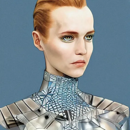 Image similar to a beautiful woman wearing a futuristic dress by alexander mcqueen, thom browne, junya watanabe, artgerm, arabian beauty, blue eyes, smile, futuristic, organic dress, pattern, concept art, fantasy