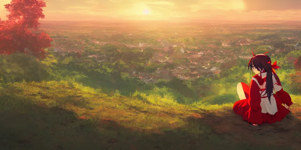 Image similar to reimu sitting on a hill off to the side looking down upon danish town, during dawn, cinematic, very warm colors, intense shadows, anime illustration, anime screenshot composite background