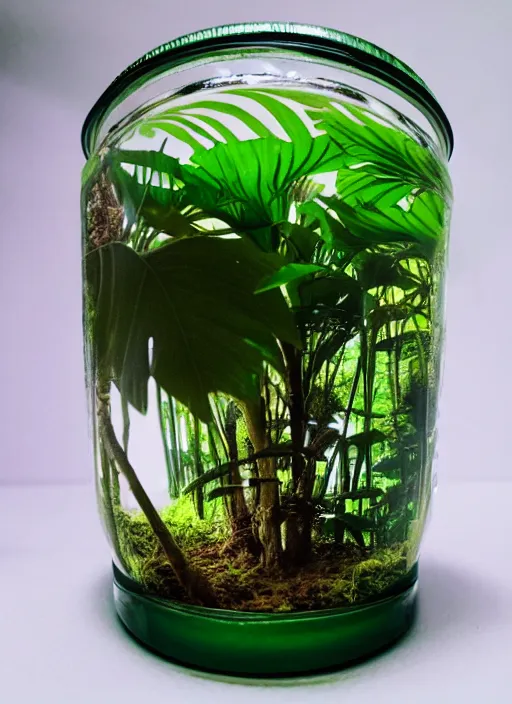 Prompt: a lush jungle inside a vintage glass jar, photo realistic, studio lighting, jurassic world
