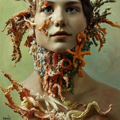 Prompt: a sculpture portrait made of seaweed and coral and shells and lilies, painting part by wojciech siudmak, part by ilya repin, part by max ernst, part by norman rockwell, artstation