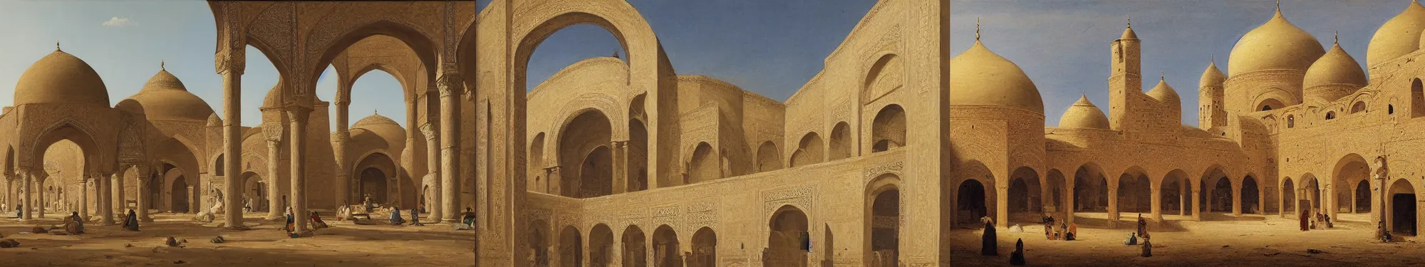 Prompt: High-Quality orientalist painting of the arches and dome of the Khan As'ad Pasha caravanserai in Damascus, very detailed, oil on canvas.