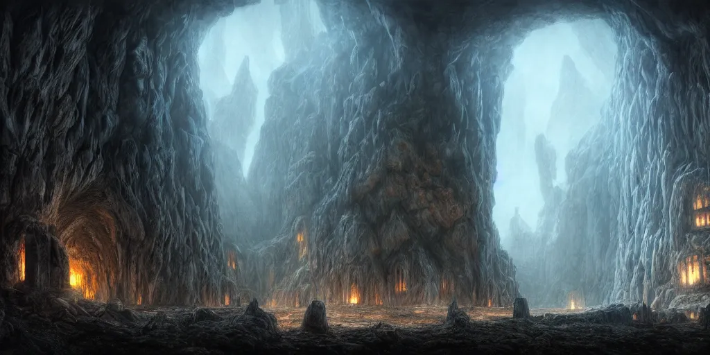 Image similar to Inside Isengard Caverns, evening, detailed matte painting, cinematic, Alan Lee, Artstation